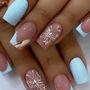 24Pcs Light Blue Floral Butterfly Nail Art Stickers Medium Square Glossy Set sh